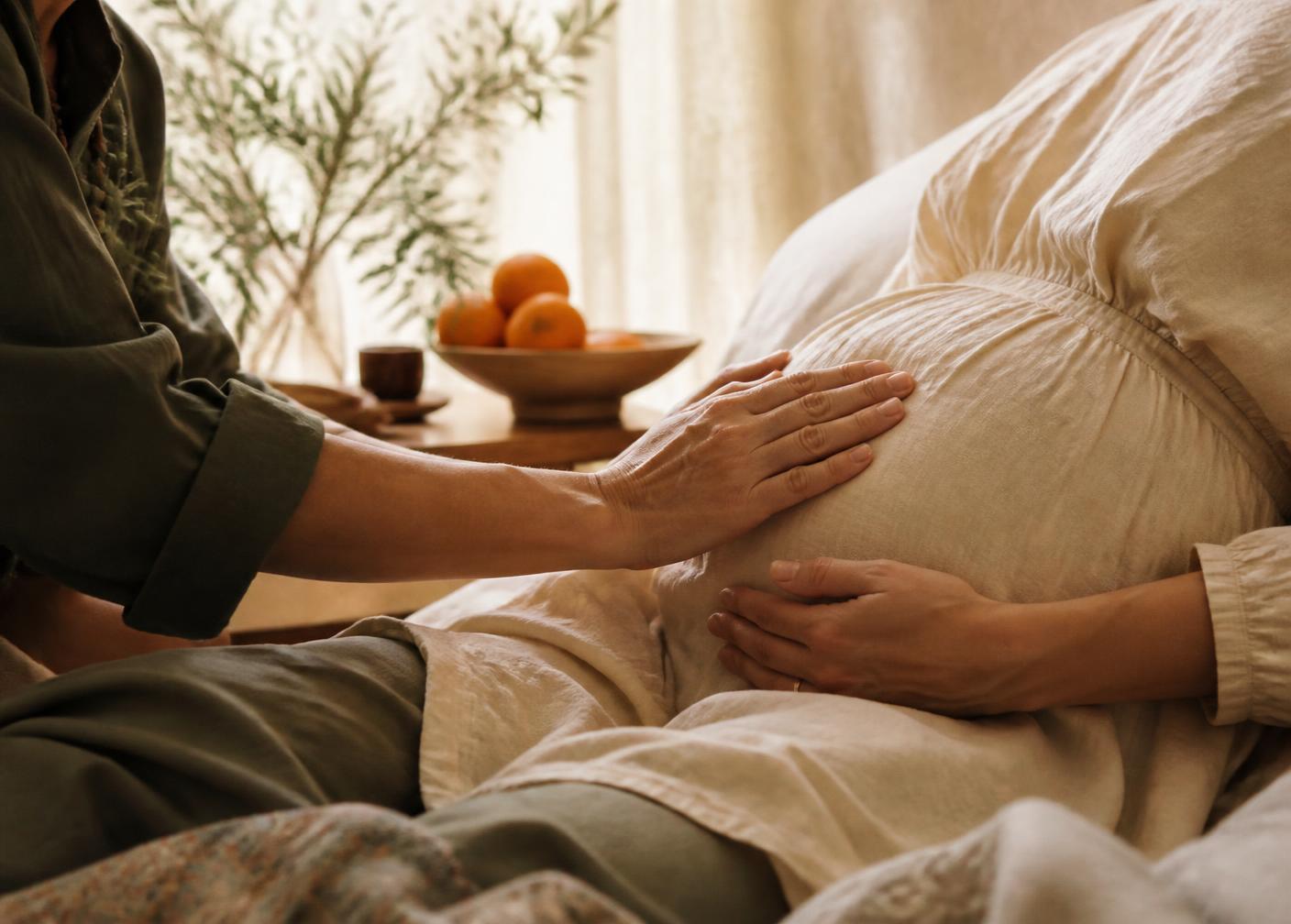 A midwife's hands resting gently on a pregnant woman's belly during a home visit