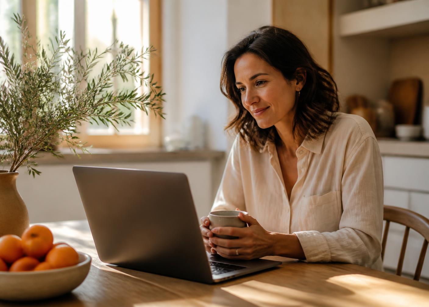 A woman having a virtual women's health visit from her sunlit kitchen table