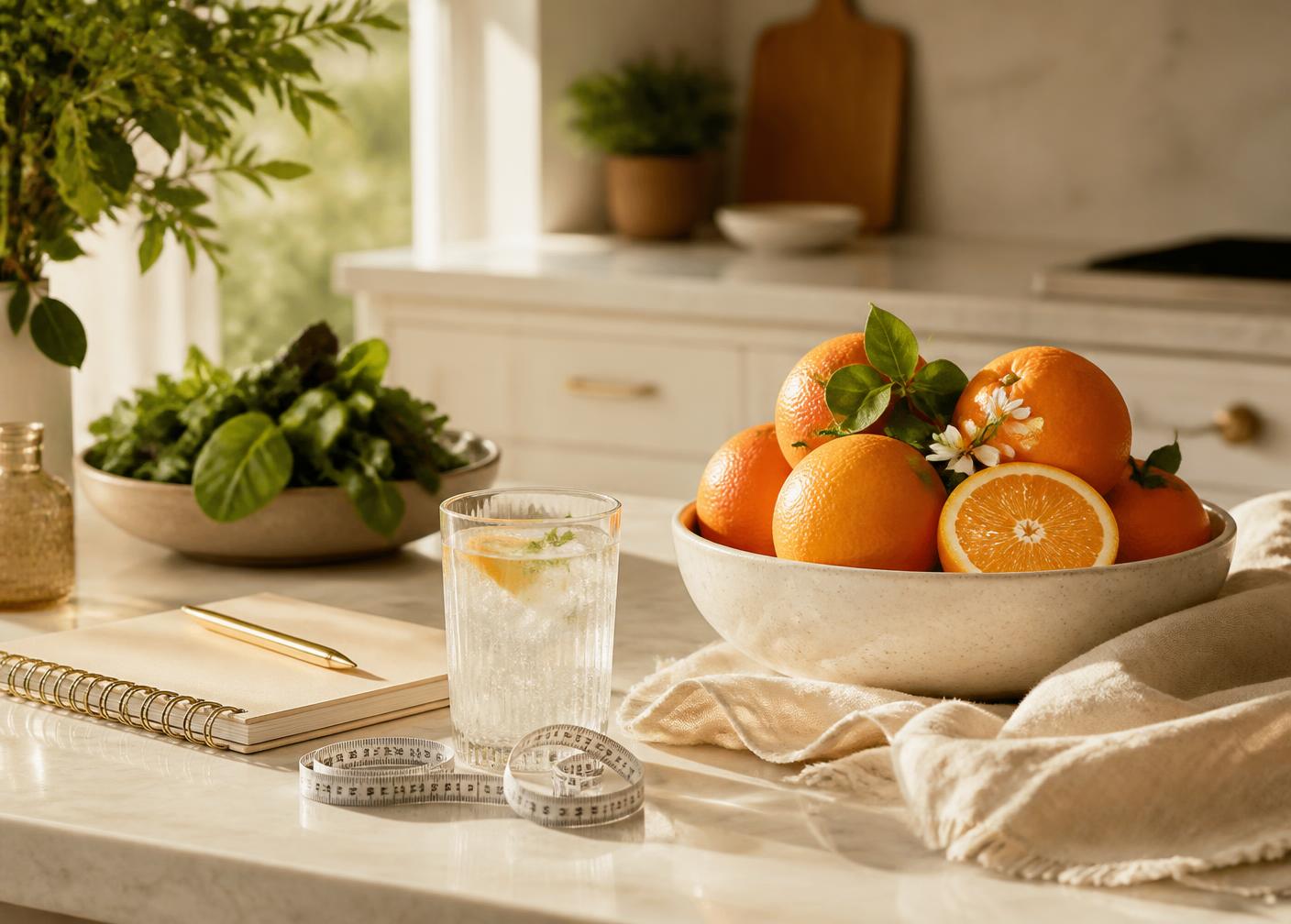 A sunlit kitchen counter with oranges, greens, water and a notebook