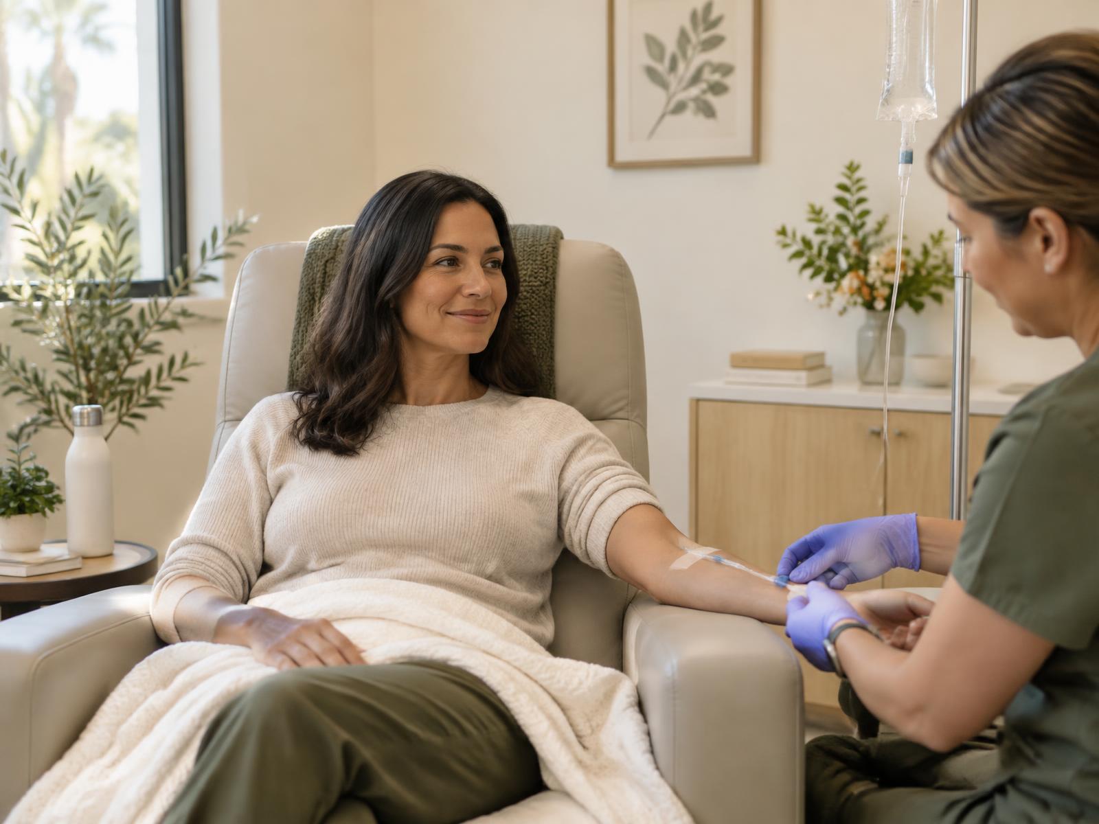 Adult woman receiving clinician-led IV hydration in a warm, clean women's health clinic